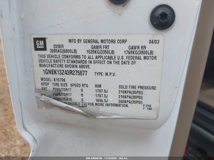 2003 Chevrolet Tahoe Z71 VIN: 1GNEK13Z43R275877 Lot: 43698156