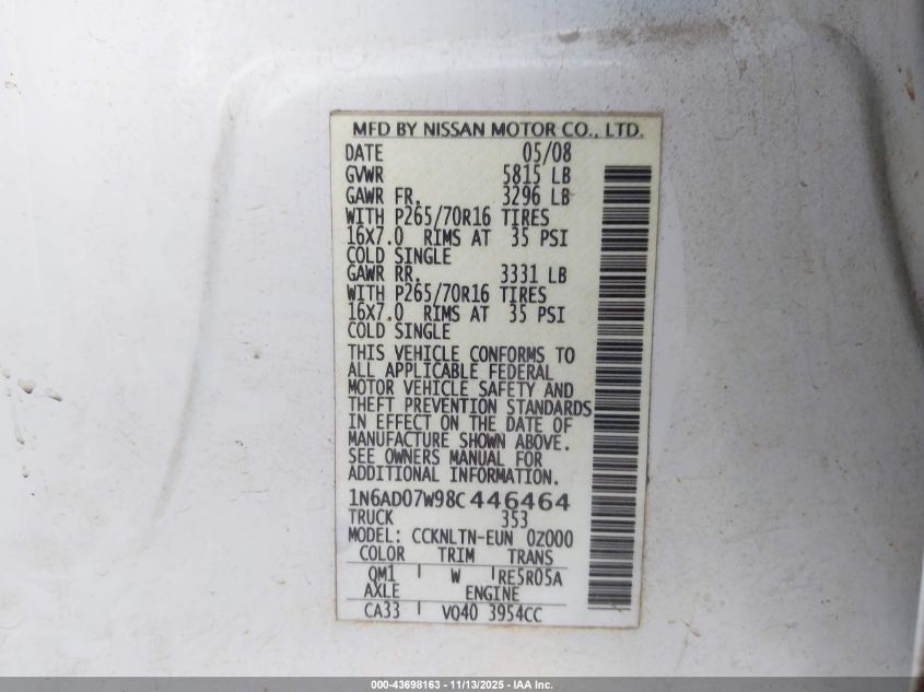 2008 Nissan Frontier Se VIN: 1N6AD07W98C446464 Lot: 43698163