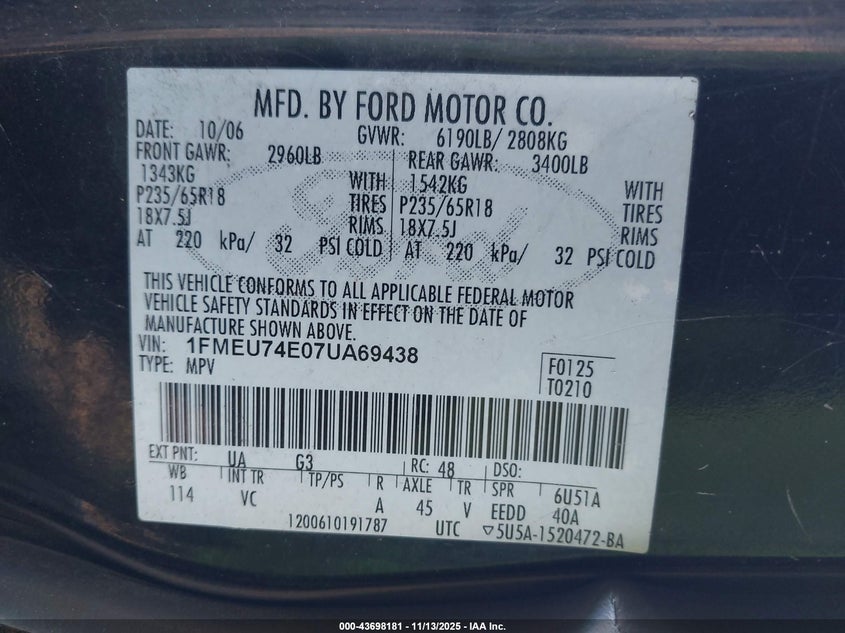 2007 Ford Explorer Eddie Bauer VIN: 1FMEU74E07UA69438 Lot: 43698181