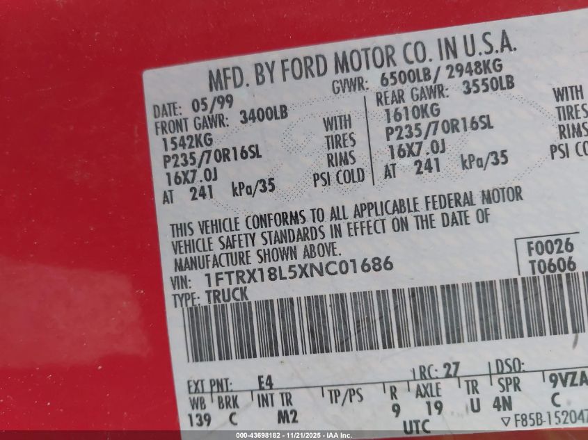 1999 Ford F-150 Lariat/Xl/Xlt VIN: 1FTRX18L5XNC01686 Lot: 43698182