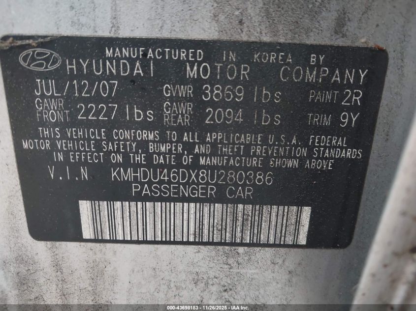 2008 Hyundai Elantra Gls/Se VIN: KMHDU46DX8U280386 Lot: 43698183