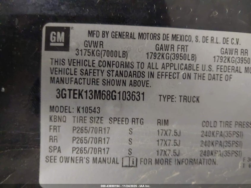 2008 GMC Sierra 1500 Sle1 VIN: 3GTEK13M68G103631 Lot: 43698194