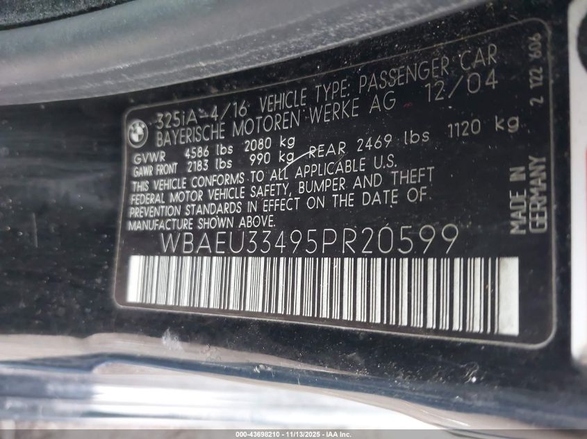 2005 BMW 325Xi VIN: WBAEU33495PR20599 Lot: 43698210