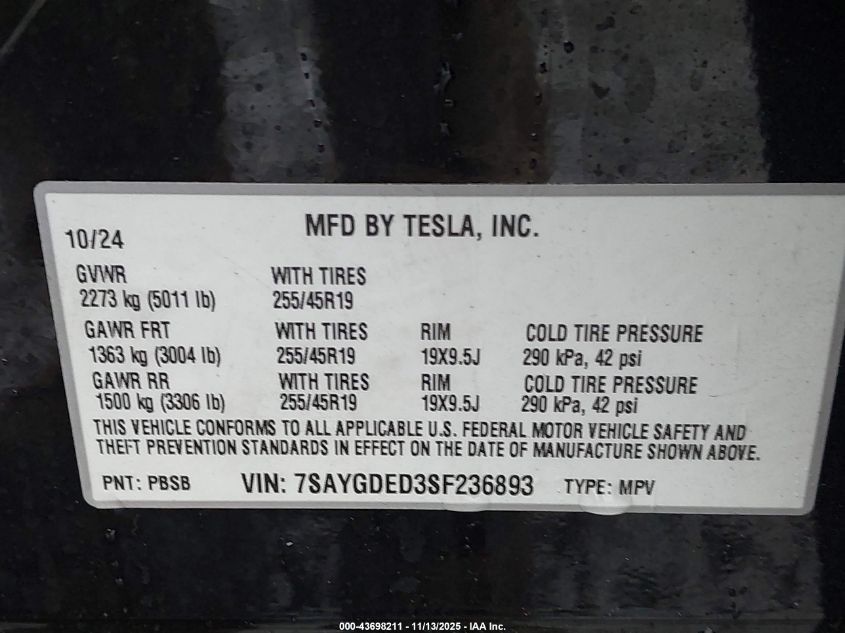 2025 Tesla Model Y Long Range Dual Motor Rear-Wheel Drive VIN: 7SAYGDED3SF236893 Lot: 43698211