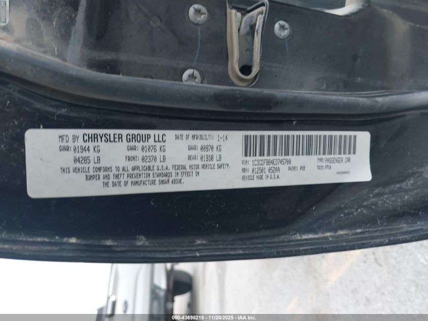 2014 Dodge Dart Sxt VIN: 1C3CDFBB4ED745700 Lot: 43698215