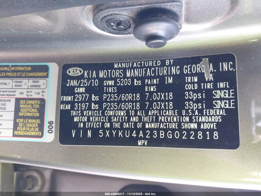 5XYKU4A23BG022818 2011 KIA SORENTO photo no. 9