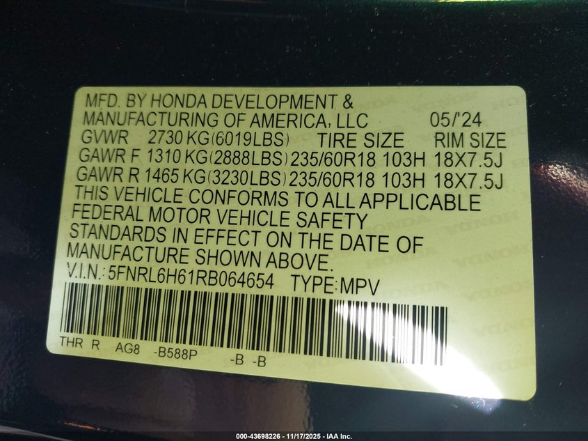 5FNRL6H61RB064654 2024 HONDA ODYSSEY photo no. 9
