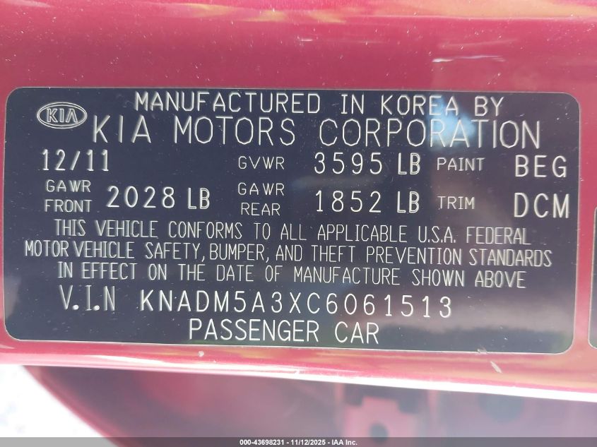 2012 Kia Rio5 Lx VIN: KNADM5A3XC6061513 Lot: 43698231