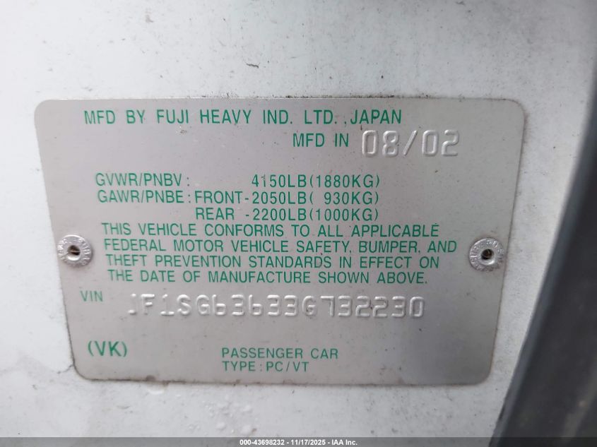 2003 Subaru Forester X VIN: JF1SG63633G732230 Lot: 43698232