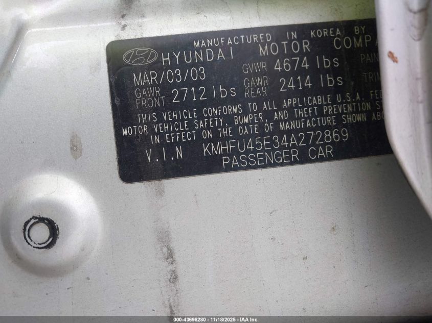 2004 Hyundai Xg350 L VIN: KMHFU45E34A272869 Lot: 43698280