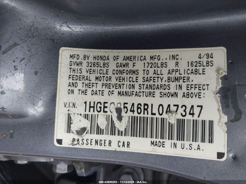 1994 Honda Civic Dx/Lx VIN: 1HGEG8546RL047347 Lot: 43698293