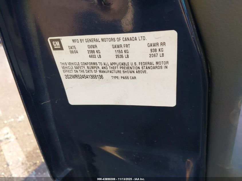 2004 Pontiac Grand Prix Gtp VIN: 2G2WR524541368136 Lot: 43698306