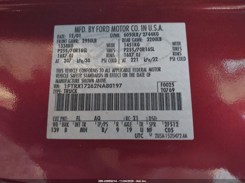 2002 Ford F-150 Xl/Xlt VIN: 1FTRX17262NA80197 Lot: 43698314