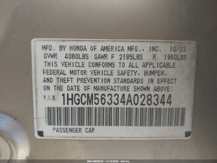 2004 Honda Accord 2.4 Lx VIN: 1HGCM56334A028344 Lot: 43698330