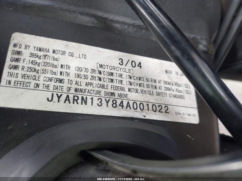 2004 Yamaha Yzfr1 C VIN: JYARN13Y84A001022 Lot: 43698353