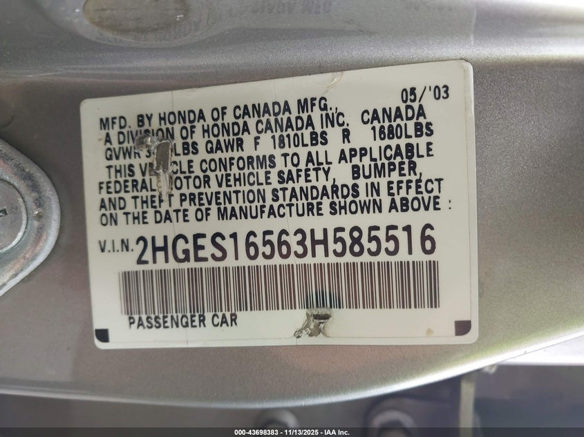 2003 Honda Civic Lx VIN: 2HGES16563H585516 Lot: 43698383
