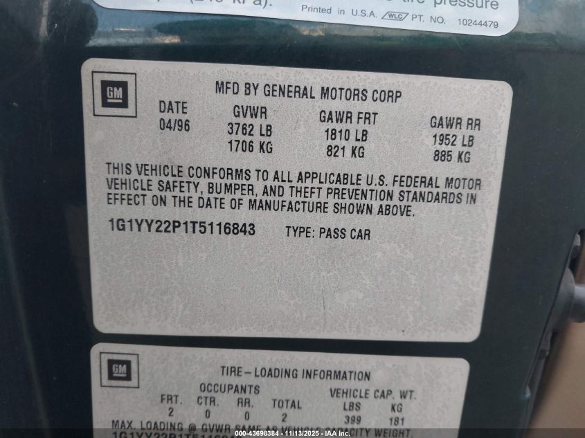 1996 Chevrolet Corvette VIN: 1G1YY22P1T5116843 Lot: 43698384