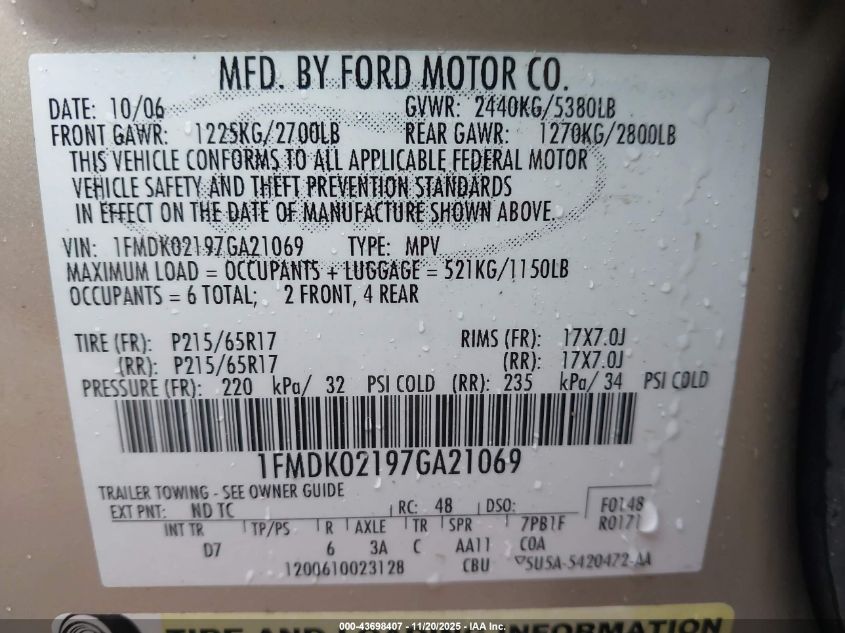 2007 Ford Freestyle Sel VIN: 1FMDK02197GA21069 Lot: 43698407