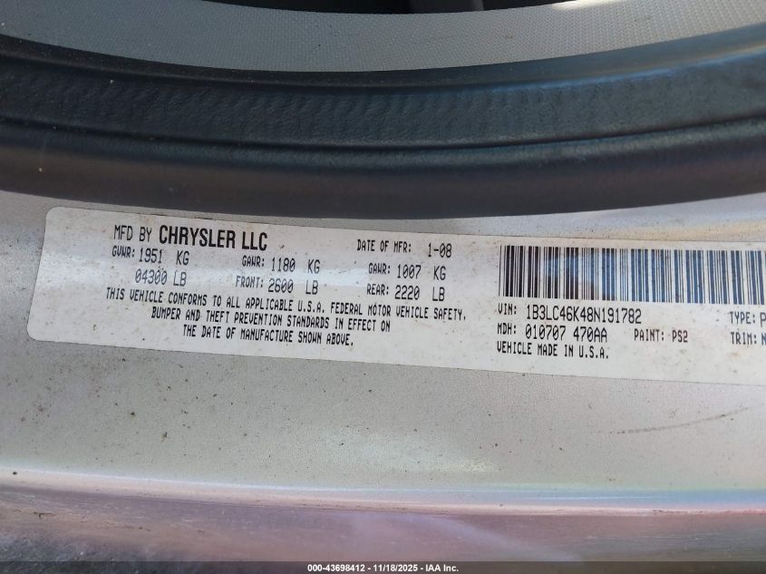 2008 Dodge Avenger Se VIN: 1B3LC46K48N191782 Lot: 43698412