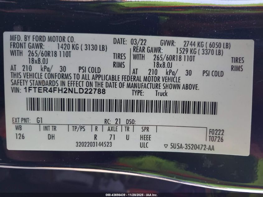 2022 Ford Ranger Lariat VIN: 1FTER4FH2NLD22788 Lot: 43698439