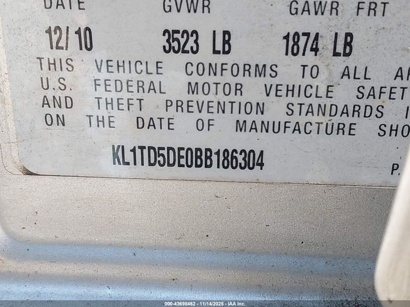 2011 Chevrolet Aveo 1Lt VIN: KL1TD5DE0BB186304 Lot: 43698462