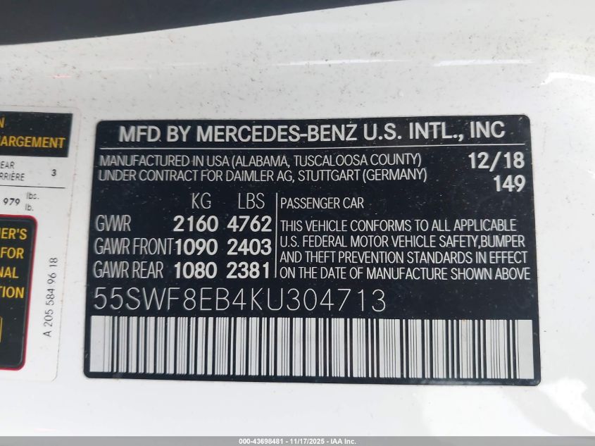 2019 Mercedes-Benz C 300 4Matic VIN: 55SWF8EB4KU304713 Lot: 43698481