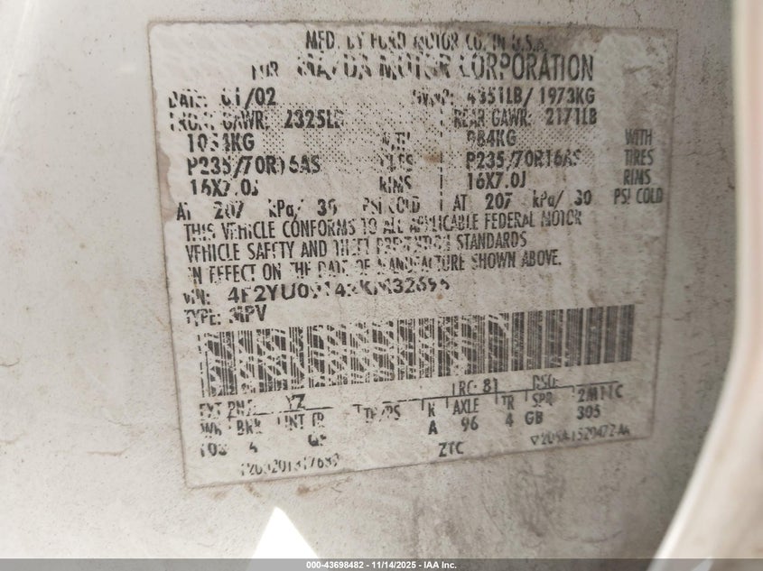 2002 Mazda Tribute Es V6/Lx V6 VIN: 4F2YU09142KM32696 Lot: 43698482