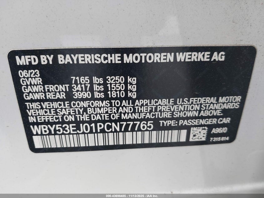 2023 BMW I7 xDrive60 VIN: WBY53EJ01PCN77765 Lot: 43698485