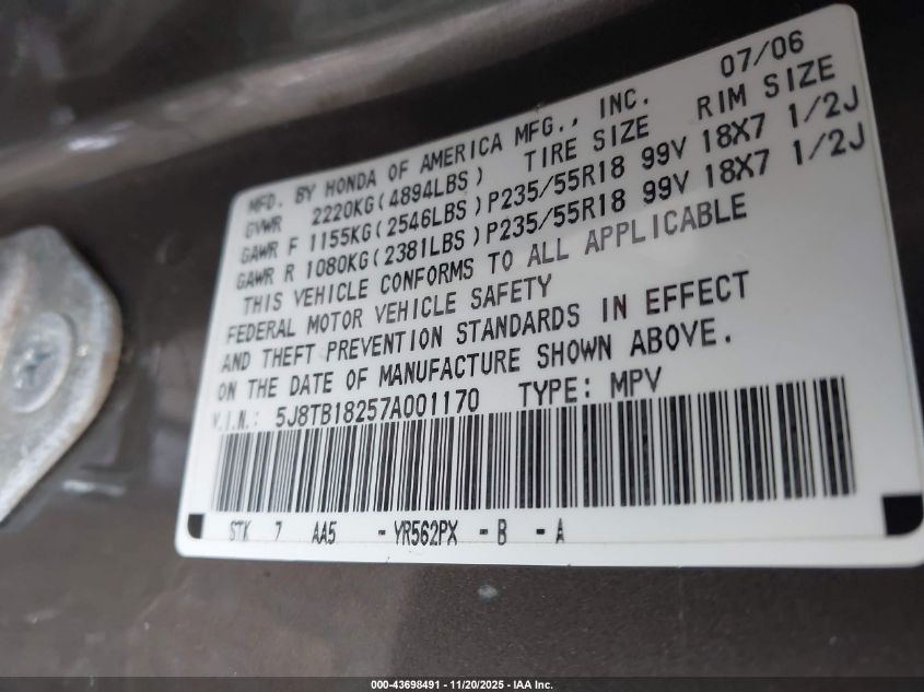 2007 Acura Rdx VIN: 5J8TB18257A001170 Lot: 43698491