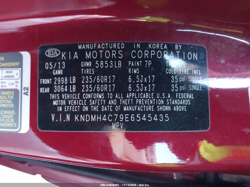 2014 Kia Sedona Ex VIN: KNDMH4C79E6545435 Lot: 43698493