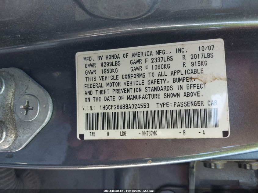 2008 Honda Accord 2.4 Lx-P VIN: 1HGCP26488A024553 Lot: 43698512