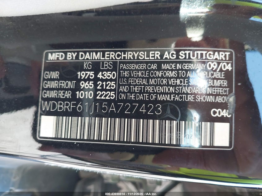 2005 Mercedes-Benz C 240 Luxury VIN: WDBRF61J15A727423 Lot: 43698514