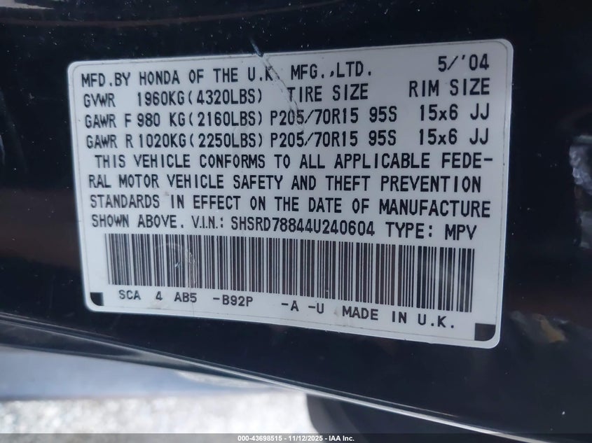 2004 Honda Cr-V Ex VIN: SHSRD78844U240604 Lot: 43698515