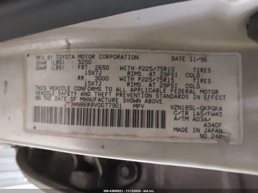 1997 Toyota 4Runner Sr5 V6 VIN: JT3HN86R8V0077901 Lot: 43698521