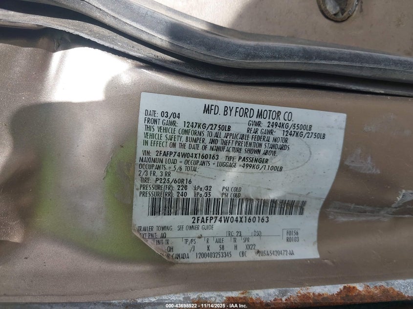 2004 Ford Crown Victoria Lx VIN: 2FAFP74W04X160163 Lot: 43698522