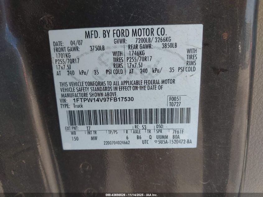 2007 Ford F-150 Fx4/Lariat/Xlt VIN: 1FTPW14V97FB17530 Lot: 43698526