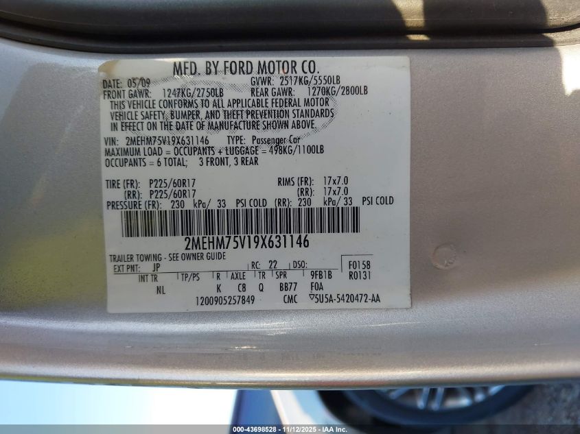 2009 Mercury Grand Marquis Ls (Fleet Only) VIN: 2MEHM75V19X631146 Lot: 43698528