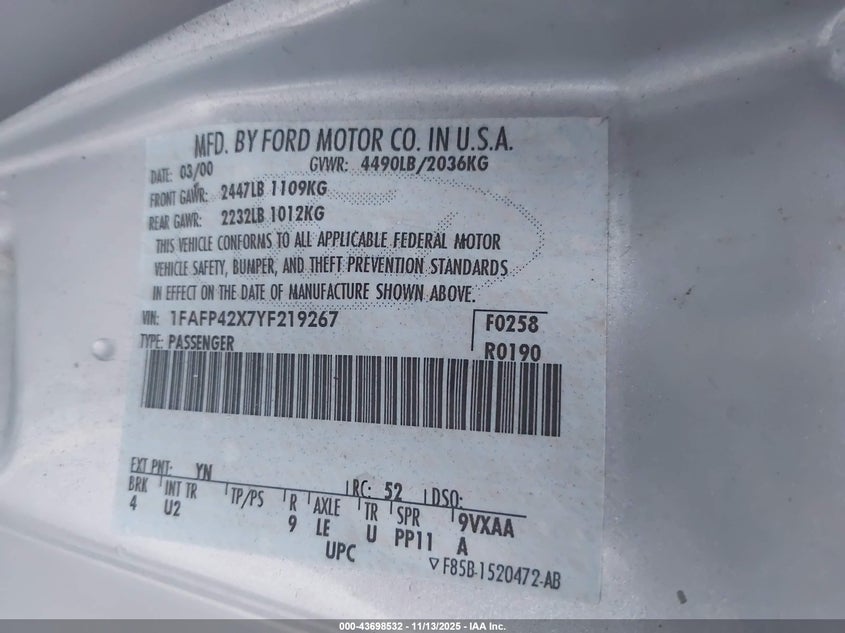 2000 Ford Mustang Gt VIN: 1FAFP42X7YF219267 Lot: 43698532