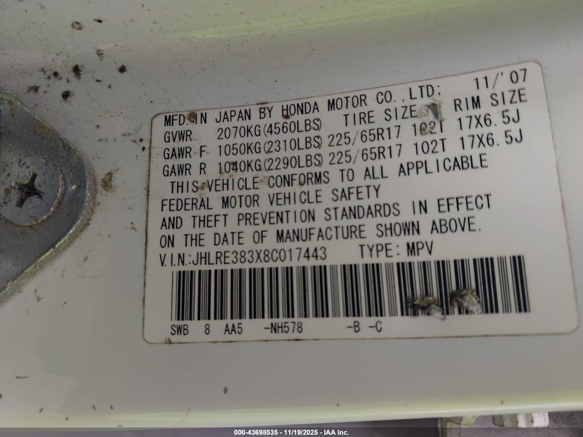 2008 Honda Cr-V Lx VIN: JHLRE383X8C017443 Lot: 43698535