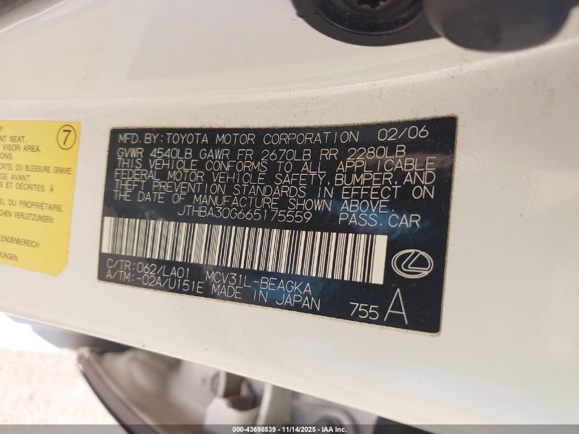 2006 Lexus Es 330 VIN: JTHBA30G665175559 Lot: 43698539