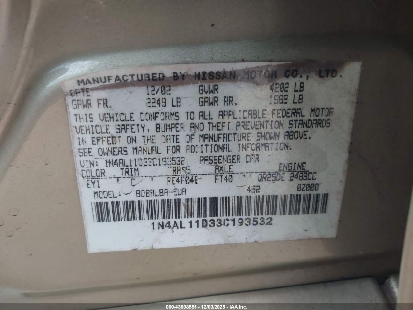 2003 Nissan Altima 2.5 S VIN: 1N4AL11D33C193532 Lot: 43698556