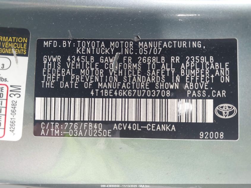 2007 Toyota Camry Le VIN: 4T1BE46K67U703708 Lot: 43698558
