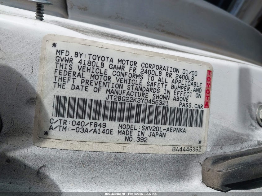 2000 Toyota Camry Le VIN: 4T1BG22K3YU962341 Lot: 43698570