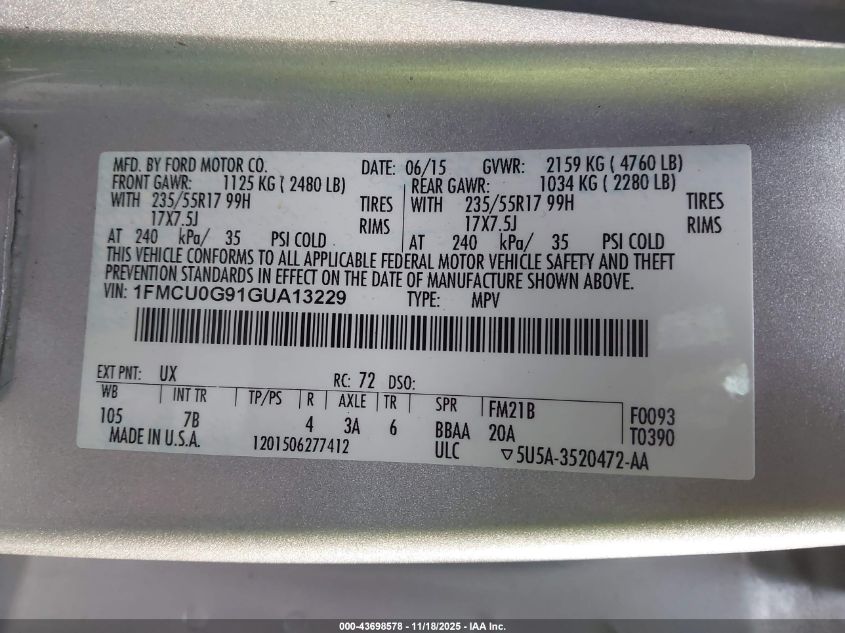 2016 Ford Escape Se VIN: 1FMCU0G91GUA13229 Lot: 43698578