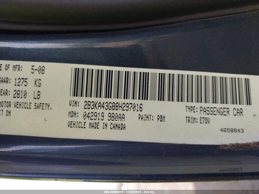 2008 Dodge Charger VIN: 2B3KA43G88H297016 Lot: 43698585