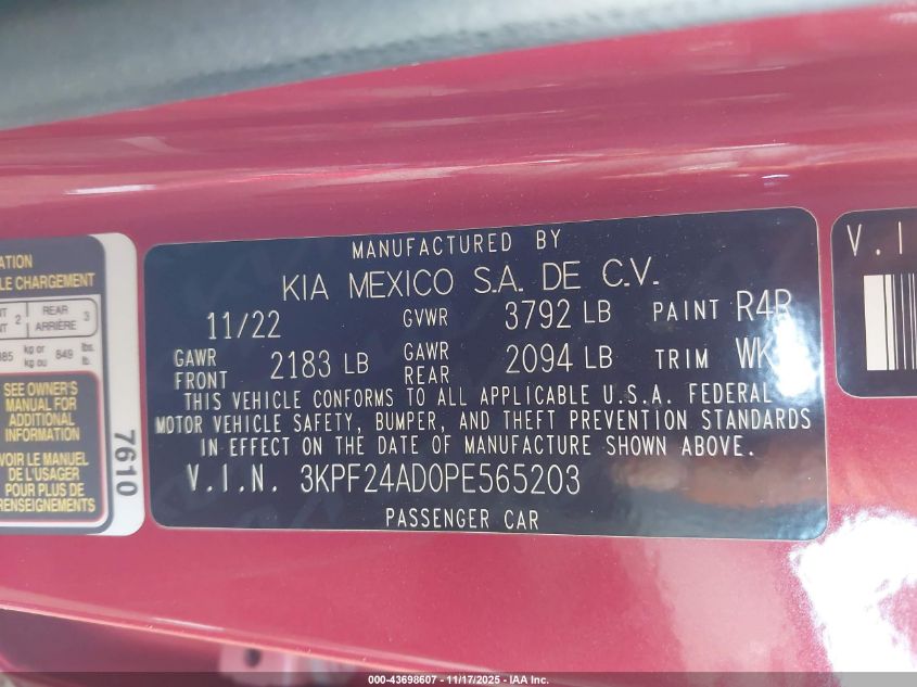 2023 Kia Forte Lxs VIN: 3KPF24AD0PE565203 Lot: 43698607
