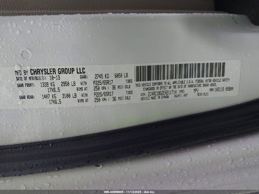 2014 Chrysler Town & Country Touring VIN: 2C4RC1BG2ER211714 Lot: 43698609