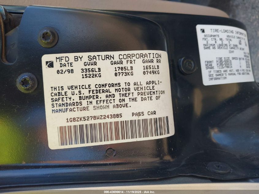 1998 Saturn Sl2 VIN: 1G8ZK5278WZ243885 Lot: 43698614