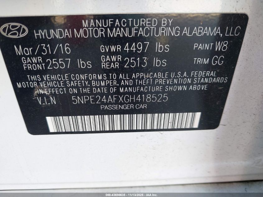 2016 Hyundai Sonata VIN: 5NPE24AFXGH418525 Lot: 43698635