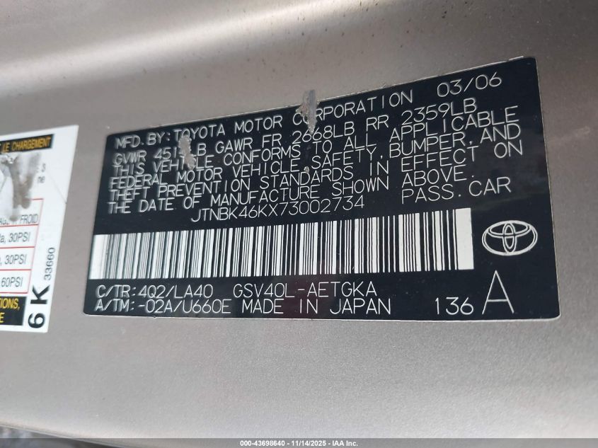 2007 Toyota Camry Xle V6 VIN: JTNBK46KX73002734 Lot: 43698640